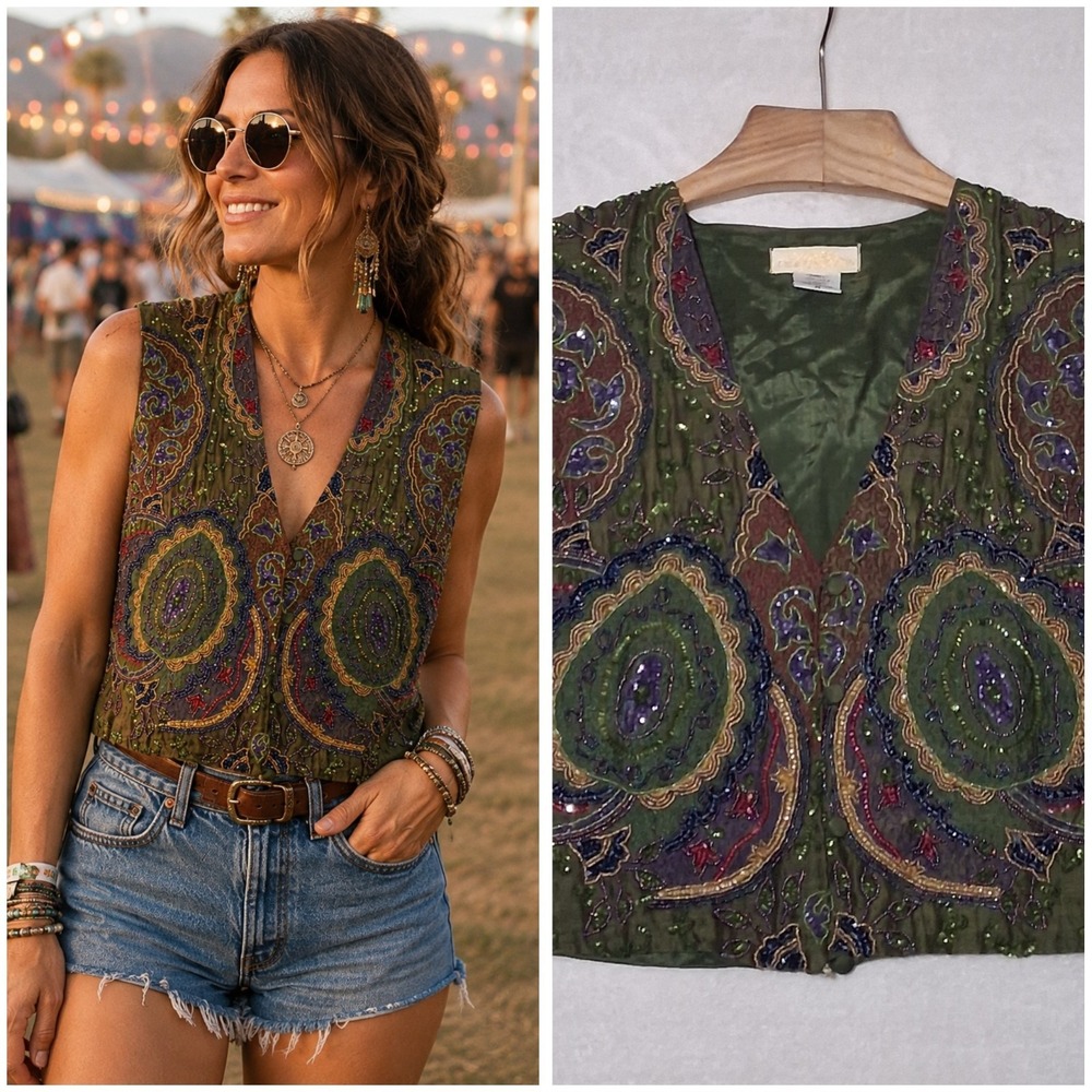 Vintage Other Destinations Ornate Beaded Silk Vest Medium Olive Green Festival